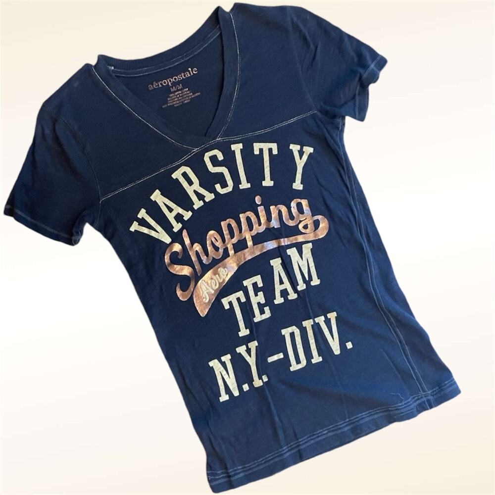 Y2K Aeropostale Varsity Shopping Team Long  Fitted V-Neck T-Shirt
